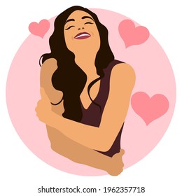 Girl hugs herself by the shoulders. A woman loves her body and takes care of herself. Self-love concept. Vector flat illustration.