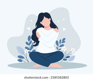 The girl hugs herself by the shoulders.Love yourself concept. Self care. Vector flat illustration.