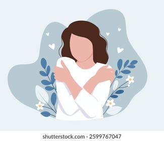 The girl hugs herself by the shoulders.Love yourself concept. Self care. Vector flat illustration.
