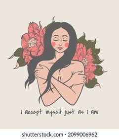 Girl Hugs Herself, Inscription: I Accept Myself Just As I Am