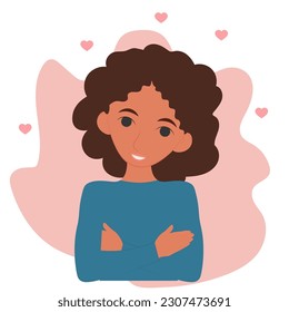 La chica se abraza. Ama y acepta. ilustración plana vectorial