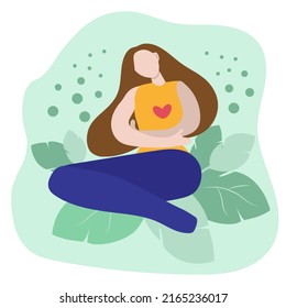 A girl hugs herself, on a green background with leaves. Flat illustration. It can be used as an illustration of self-care, self-love, falling in love and waiting for a baby