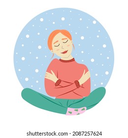 Girl hugs herself. Woman healthcare skincare. Love yourself. Vector Illustration. Girl warms herself under snow.