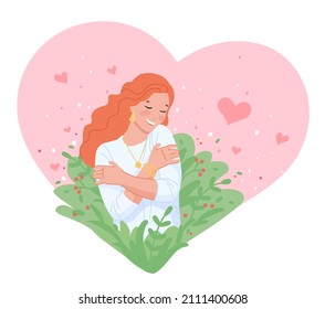 Girl hugs herself. Woman love and care self, confident female esteem yourself, body positive, beauty lady arm holding own healthy skin, selfish character vector illustration. Girl care and love self