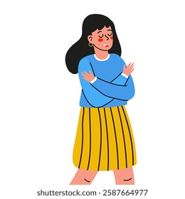 The girl hugs herself. Woman walks confidently in a casual outfit featuring blue sweater and a yellow skirt as she smiles joyfully