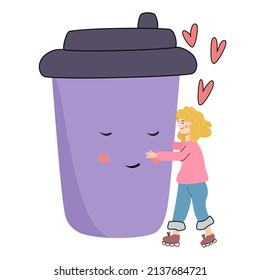 the girl hugs a large cup of coffee, which smiles at her. Love for coffee, freehand drawing in cartoon style