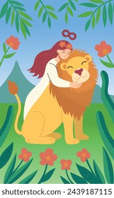 Girl hugs a lion.Major Arcana tarot card design. Hand drawn cartoon. STRENGTH