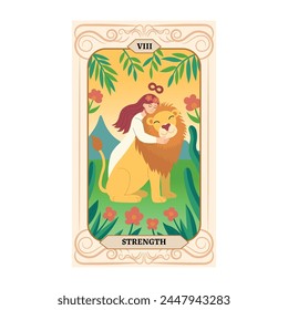 Girl hugs a lion.Major Arcana tarot card design. Hand drawn cartoon. STRENGTH