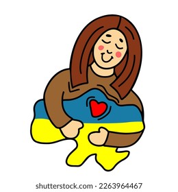 The girl hugs the map of Ukraine. Hand-drawn vector illustration.