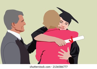 Girl Hugs Mom And Dad On Graduation Day Happily. Graduate Celebration With Parents