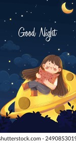 Girl hugs a pillow lying on a moon