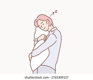 Girl hugs a pillow. Tired girl hugging pillow.Woman in pajamas hugging a pillow. Hand drawn style vector design illustrations.