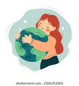 Girl hugs planet Earth with love and care. The concept of environmental protection, love, nature care and keeping healthy. Vector eco illustration of Happy Earth day and saving planet. Save our planet