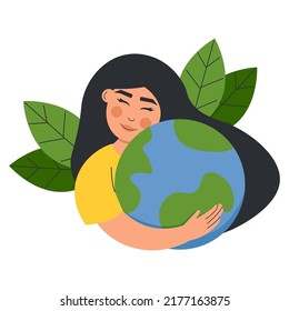 The girl hugs the planet earth. Vector illustration isolated on white background