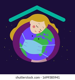 girl hugs the planet in mask
