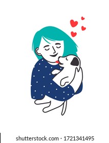 Girl hugs puppy. Hand drawn young girl or stylized woman kissing puppy dog isolated vector graphic, happy female person hug pet portrait sketch