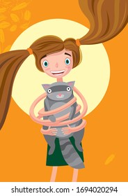 Girl hugs a raccoon. Friendship of animals concept. Vector illustration