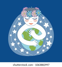 Girl Hugs And Taking Care Of The Earth