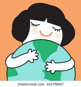Girl Hugs And Taking Care Of The Earth On Earth Day Concept Card Character illustration