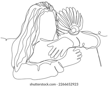 The girl hugs the woman in one line on a white back. Conceptual image of friendship, relationship between mother and daughter, sister, girlfriend. Stock vector illustration with editable stroke.