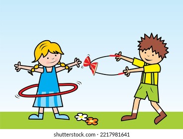 Girl with hula hoop and boy with diabolo, sports children, vector illustration