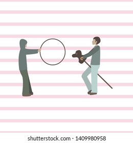 Girl with hula hoop and boy with horse stick