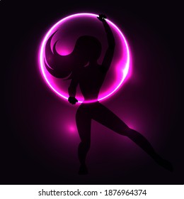 Girl with a hula hoop. Night dancing in neon