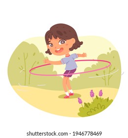 Girl with hula hoop in physical education class outdoor. Child doing active exercise in PE lesson vector illustration. Happy kid standing and smiling with sports equipment in park.