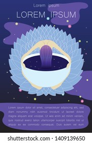 the girl hung her head and hears in a cup of coffee on the dark blue cosmos background. Vector flat illustration mood concept for ui, ux or web page