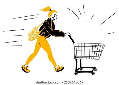 Girl hurries to supermarket for shopping with empty bag and shopping cart. Young woman in modern sportswear runs to store for purchase. Cartoon flat doodle hand drawn vector illustration isolated