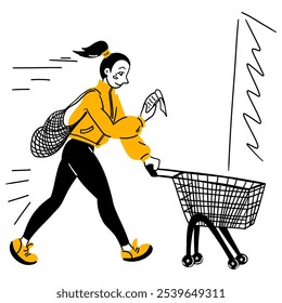 Girl hurries to supermarket for shopping with empty bag and shopping cart. Young woman with shopping list in trendy sportswear runs to store. Cartoon hand drawn vector illustration isolated