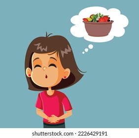 Girl Hurting Being Hungry Thinking about a Salad Vector Cartoon. Unhappy child suffering from food poisoning from spoiled salad 