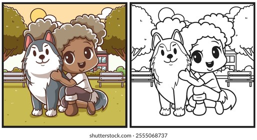 Girl with husky siberia character coloring page illustration