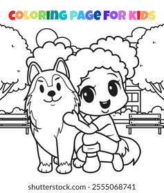 Girl with husky siberia character coloring page outline vector illustration