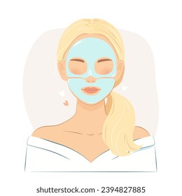 Girl with a hydrogel cosmetic mask on her face consisting of two parts.