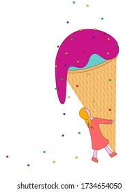 Girl with ice cream cone in hands isolated on white background Vector modern flat simple digital illustration