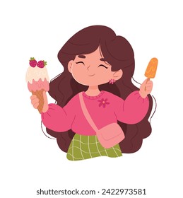 girl with ice cream .Cute girl eating ice cream, cartoon vector illustration isolated on white background.