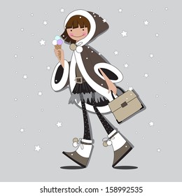 Girl with ice cream in a fur coat and carrying a briefcase
