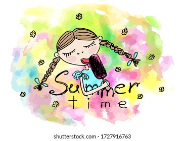 Girl with ice cream in her hands. Girl licks ice cream. Drawn by hand. Watercolor background. Positive, funny, cartoon, summer illustration for prints and posters. The phrase "Summer time".