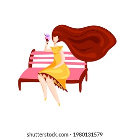 A girl with ice cream sits on a bench. Stylized woman in a dress. Vector stock illustration. White background. Summer theme. Ice cream cone. 