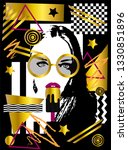 Girl with ice cream and sunglasses, geometric gold pop art background 