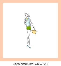 Girl with ice cream. Vector illustration.