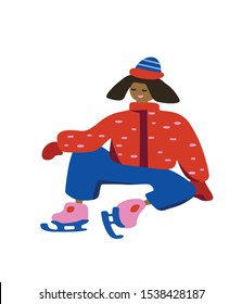 Girl with ice skates sitting pose. A woman in a red winter jacket, mittens, blue jeans and knitted hat with casual hairstyle.  