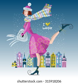 Girl ice skating at city park rink. Vector illustration