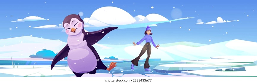 Girl ice skating and dancing penguin vector landscape. North Pole glacier scene with crack land illustration. freeze snowy scenery design with hole in floor. Cold northern background with crash land