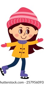 A girl is ice skating while wearing winter clothes, a hat, and gloves.