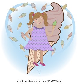 Girl with ice-cream. Vector illustration of a girl holding a sweet ice cream cone and a big ice cream on the background