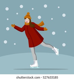 Girl is ice-skating. Vector illustration of a flat design. Cartoon style vector illustration. Winter sport