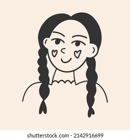 Girl icon. Black and white clipart. Icon for the site. Flat design, cartoon, vector illustration. All elements are isolated.