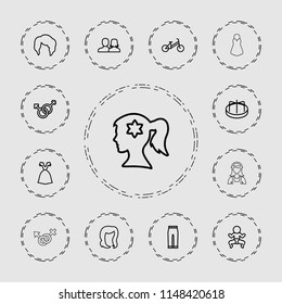 Girl icon. collection of 13 girl outline icons such as child bicycle, child playground carousel, man and woman, woman hairstyle. editable girl icons for web and mobile.